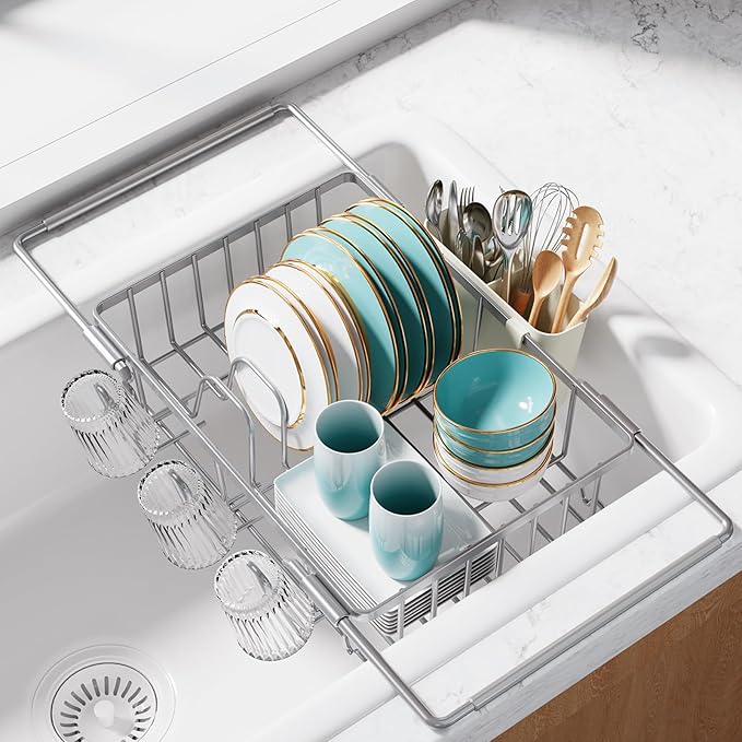 Sakugi Dish Drying Rack in Sink - Expandable Stainless Steel Dish Rack Over the Sink, Kitchen Sink Drain Strainer with Cutlery Holder & Cup Holders, 15.4 x 9.8 x 3.0 Inch, Silver