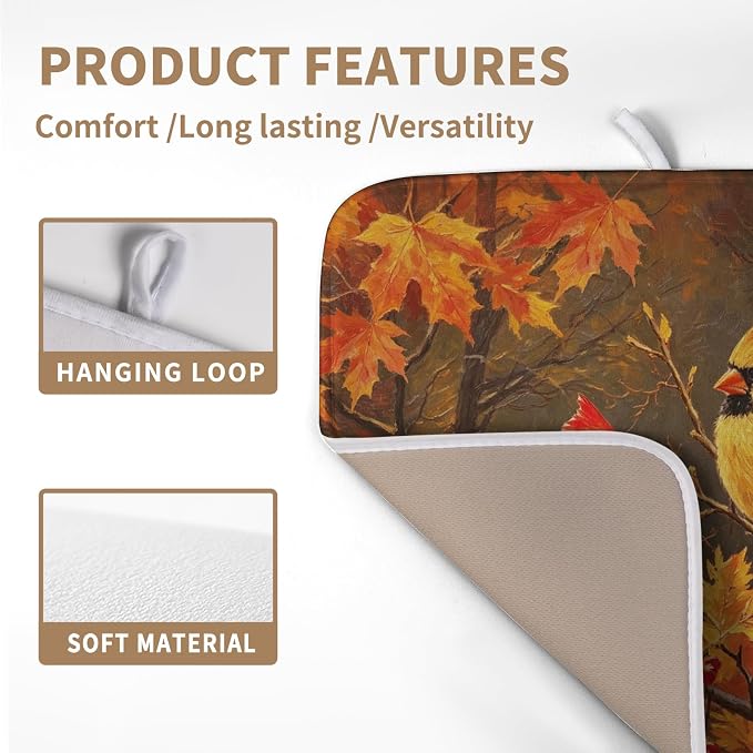 Fall Maple Leaves Birds Dish Drying Mat for Kitchen Counter 16x18 Autumn Colored Maple Forest Drying Mats Thanksgiving Harvest Dishes Drying Pad Absorbent Microfiber Sink Dish Drainer Rack Mat