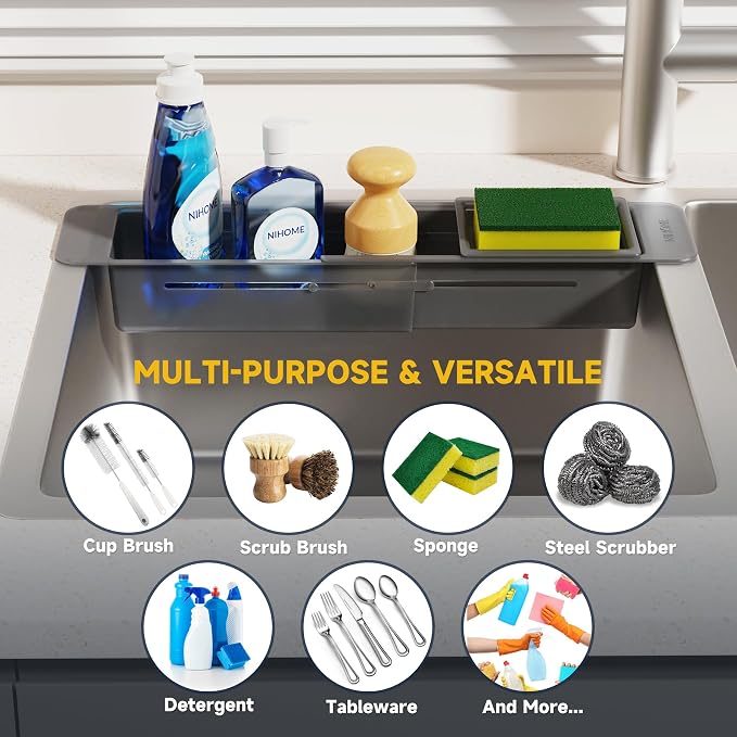 NiHome Extendable Sink Caddy, Small Telescopic Kitchen Brush Holder | Adjustable Sink Organizer for Brushes/Sponge with Fast Drainage, Durable ABS, Non-Slip Pads, Expandable (Translucent Gray)