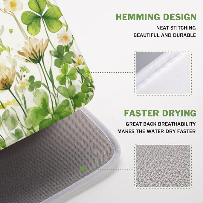 St Patrick's Day Green Clover Dish Drying Mat 16x18 Inch | Shamrock，Polyester，Absorbent Microfiber，for Kitchen Coffee Dining Bar Decor