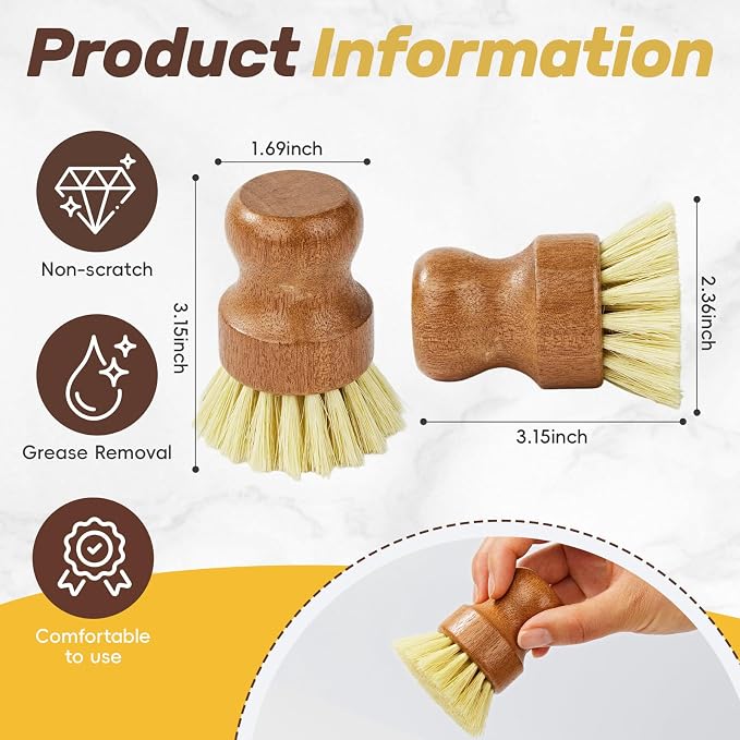 DEBETOOL 3-Pack Wooden Dish Brush - Natural Dish Scrubber & Vegetable Brush with Sisal Bristles, Kitchen Scrub Brush for Pots Pans & Vegetables