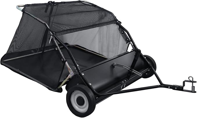 Pull Behind Lawn Sweeper with Dumping Rope, 44” Tow Behind Leaf Collector, Adjustable Height Yard Sweeper with Large Hopper, Easy Storage Folding Design for Garden Tractors Black