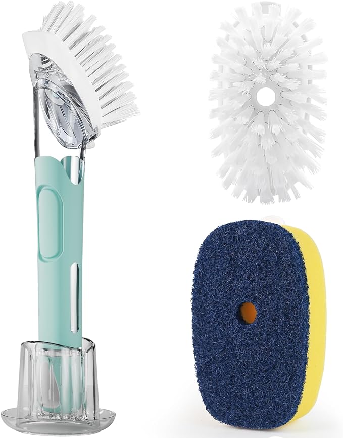 RIMAY Dish Brush Set with Soap Dispenser, 2 Refills and Storage Holder | Soap Dispensing Dish Brush dish scrubber with handle for Cleaning Dishes, Pans, Sink, Pots, Blue