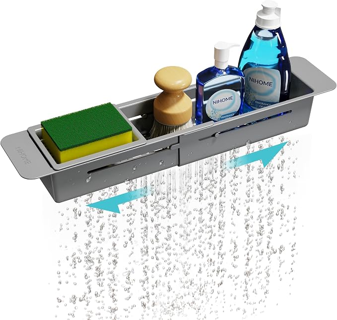 NiHome Extendable Over Sink Kitchen Organizer, Small Telescopic Brush Storage Rack for Sponge, Non-Slip Pads Expandable Sink Caddy, Adjustable Sponge/Brush Rack with Drainage Durable ABS (Dark Gray)