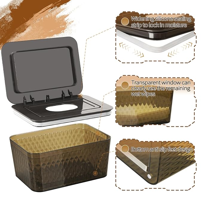 Wipes Dispenser, One-Handed Operation Wipe Holder for Baby & Adult, Seal-Designed Wipes Container for Bathroom Keep Diaper Wipes Fresh (Brown)