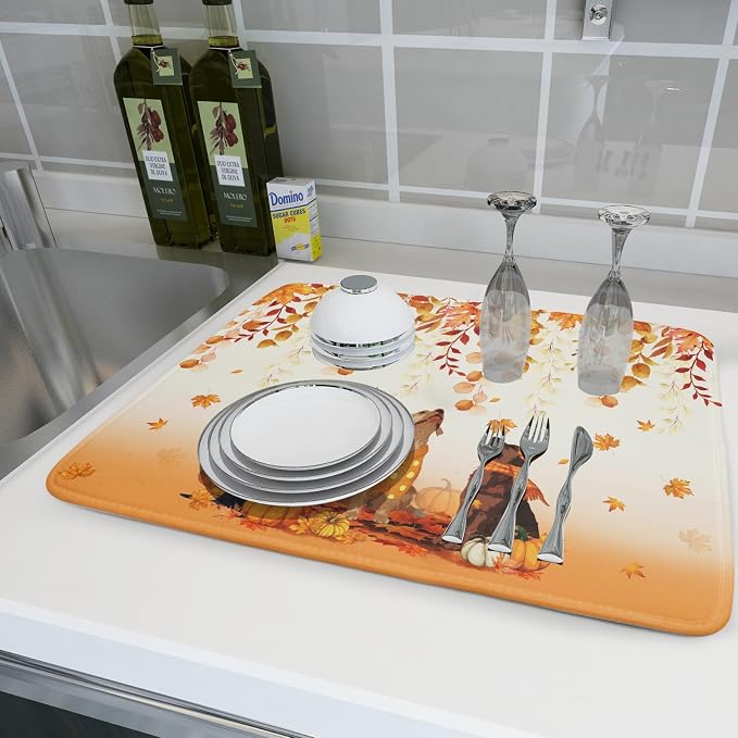 Giwawa Fall Dogs Dish Drying Mat Autumn Leaves Reusable Dishes Pad 18"x24" Holiday Microfiber Quick Dry Dish Drainer Rack Mat for Kitchen Counter