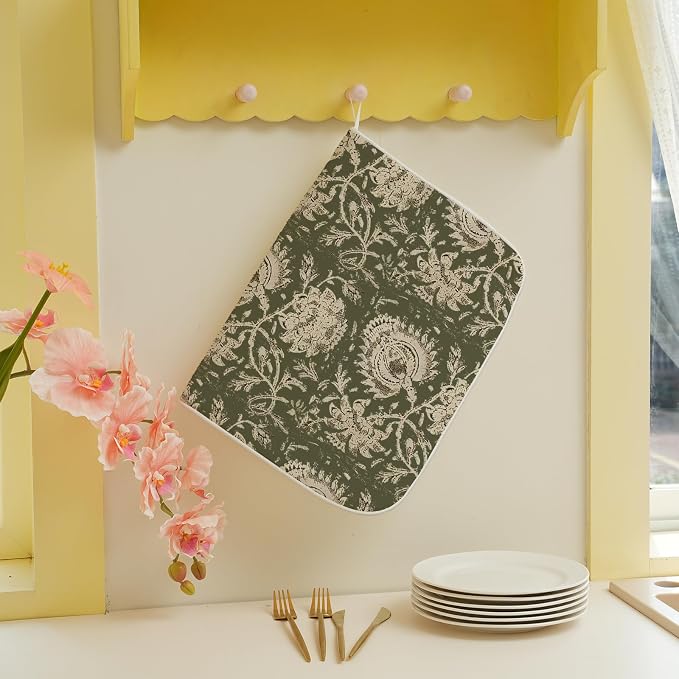 Green Dish Drying Mat 18 x 24 Inch Vintage Olive Green Floral Drying Mat for Kitchen Counter Absorbent Neutral Modern Boho Block Print Floral Dishes Dry Pad for Drainer Rack Kitchen Fast Dry