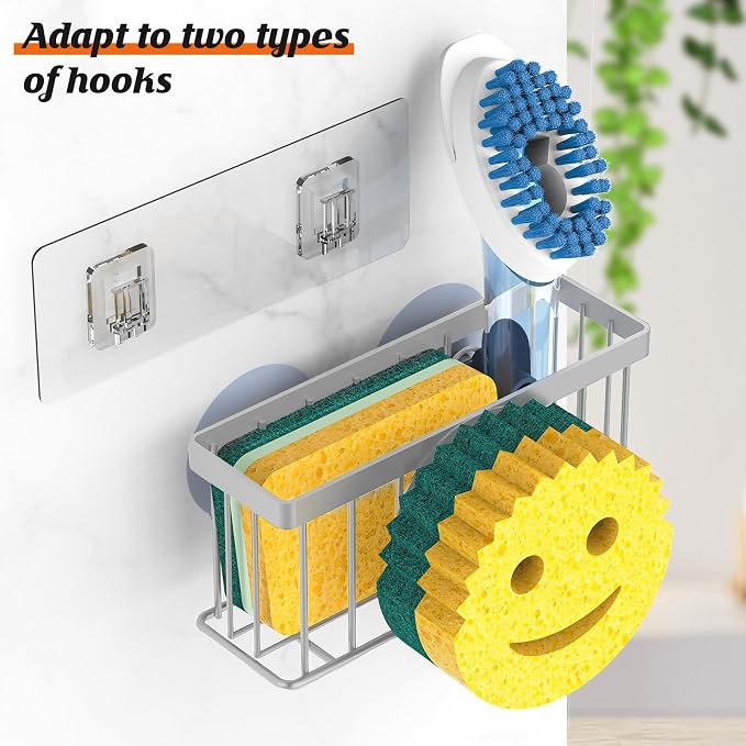 MURLONG Sponge Holder Smiley Face, Sink Organizer with 2 Suction Cups/1 Adhesive Strips, Designed for Sponge, Soap, Dish Brush, Scrubber - Gray