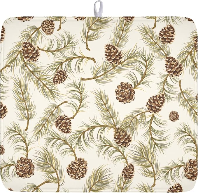 Winter Pine Cone Dish Drying Mat for Kitchen Counter Christmas Pinecone Pine Tree Branches Dish Drainer Mat Xmas Holiday Rustic Absorbent Washable Drying Pad 16"x18"