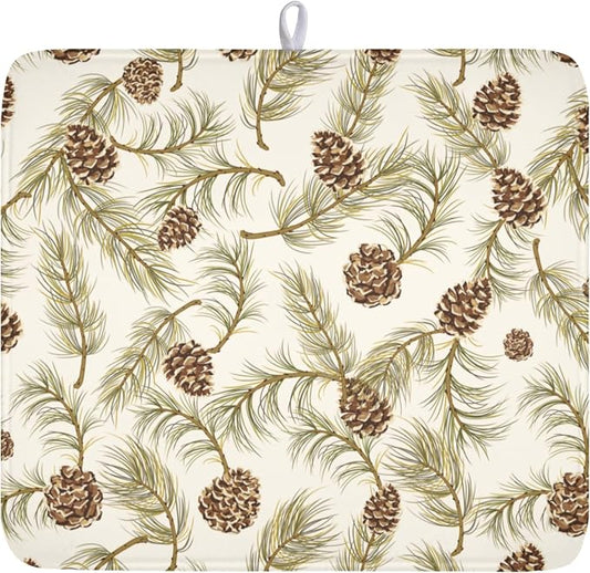 Winter Pine Cone Dish Drying Mat for Kitchen Counter Christmas Pinecone Pine Tree Branches Dish Drainer Mat Xmas Holiday Rustic Absorbent Washable Drying Pad 16"x18"