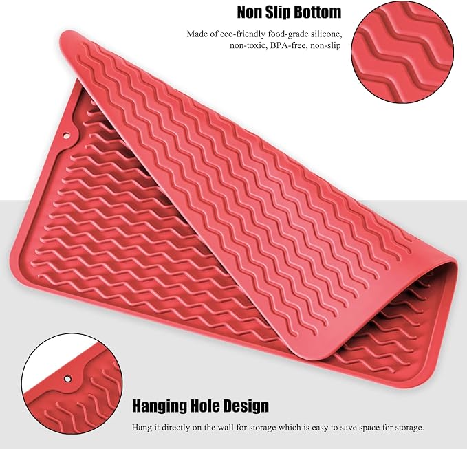 Silicone Dish Drying Mat, Non-Slip Easy Clean Sink Mat Large Heat-resistant Dish Drainer Mat for Kitchen Counter, Sink, Refrigerator or Drawer liner (16" x 12", RED)