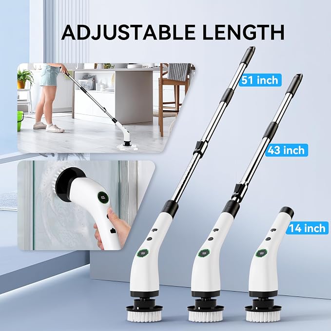 Electric Bathroom Cleaning Brush Cordless Shower Scrubber SD-CTB01 | Spin Scrubber Full Body Waterproof IPX7 with Adjustable Handle, 8 Replaceable Brush Heads for Bathtub/Kitchen/Window/Home