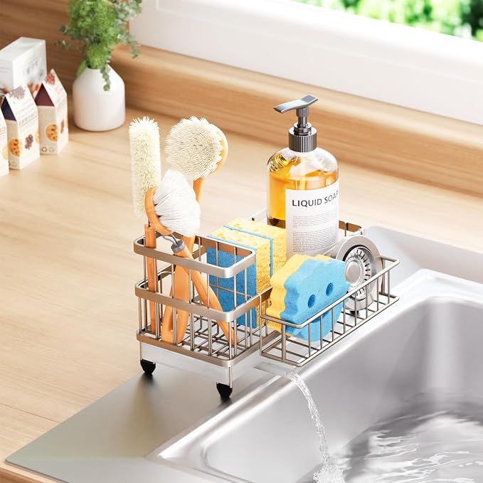 Consumest Sponge Holder for Kitchen Sink - Auto Draining Sink Caddy Organizer with Detachable Rack, High Brush Holder, Kitchen Countertop Storage Accessories, Sand Nickel