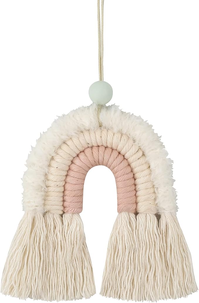 BOHO GARDEN Macrame Rainbow Charm - Essential Oil Diffuser for Cars, Baby Nursery, Children's Bedroom & Home Decor - Colorful Decorative Hanging Air Freshener & Accessories - 3x3.5 - Soft Pink