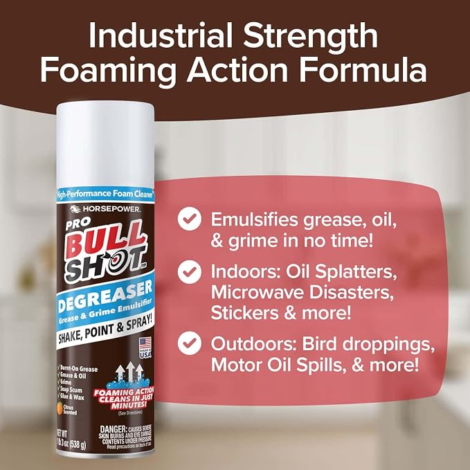 Bull Shot Degreaser Pro, Foaming Degreaser & Grime Remover, Professional Strength AS SEEN ON TV Residue-Free, Shake, Point & Spray, Emulsifies Grease, Oil, Glue, Residue & More - Made in USA - 2PK