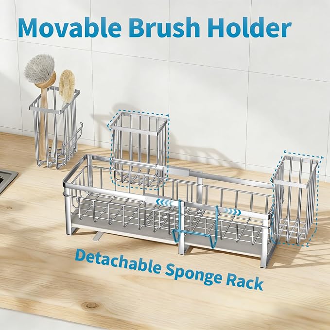 Aurblozen Extra Large Extendable Sponge Holder for Kitchen Sink, Rustproof Sink Caddy Organizer with High Brush Holder, Dish Soap Dispenser Organizers and Storage (Stainless Steel)