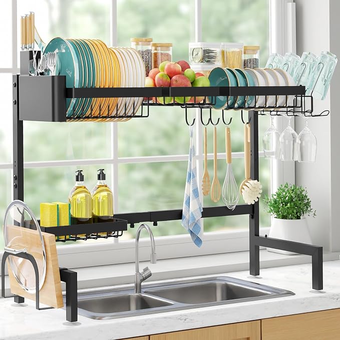 Sakugi Over The Sink Dish Drying Rack - Adjustable 2 Tier X-Large Capacity Stainless Steel Drainer with Cutlery & Utensil Holders, Kitchen Storage & Organization, 31.5"-39.5"L x 12"W x 24.5"H, Black
