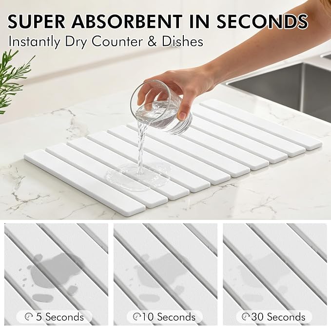 4 Pcs Stone Dish Drying Mat Set, 24''x16'' Large Super Absorbent Diatomaceous Earth Stone Drying Mat Faucet Mat with 2 Coasters, Collapsible Quick Dry Mat for Kitchen Counter Dishes