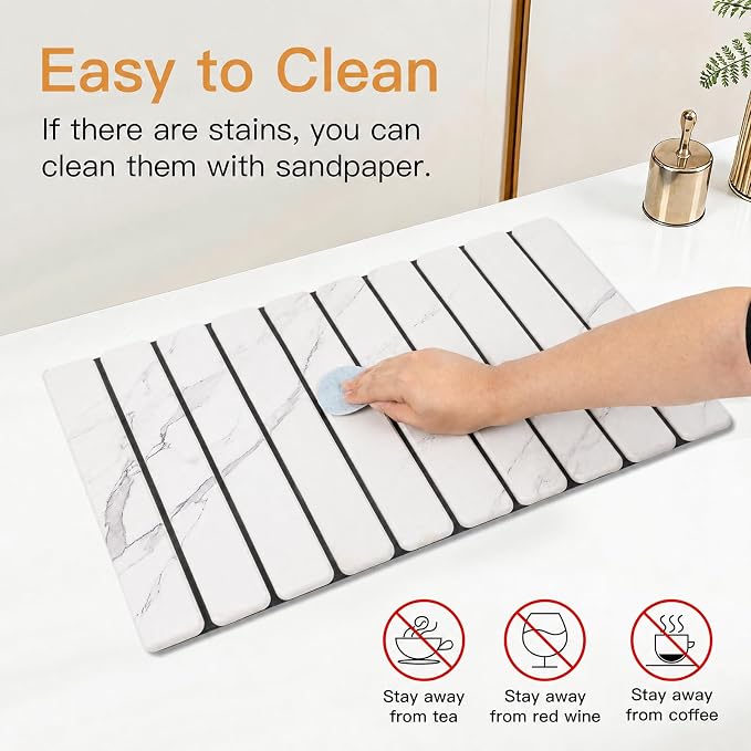 Stone Dish Drying Mat for Kitchen - Upgrade Counter Mats Quick Dry | Foldable Design, Super Absorbent, (24"×16"/ 8"x4" ) , for Dishes Cups , No Water Stains, Core Material Upgrade, White
