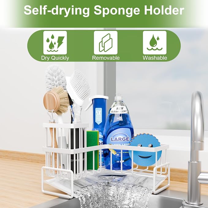 Fikoksol Large Sponge Holder for Kitchen Sink, 90-Degree Sink Caddy Organizer with Dish Brush Holder for Countertop Corner Storage Rack, White Metal L Kitchen Sink Sponge Soap Organizer Storage Ideas