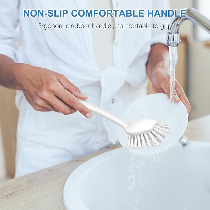 SetSail Dish Brush with Handle, 3 Pack Stiff Bristles Dish Scrubber with Built-in Scraper Dish Scrub Brushes for Cleaning Dishes, Pots and Pans, Kitchen Sink, 3 Pack, Grey White