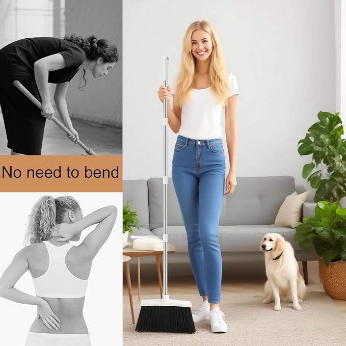Broom and Dustpan Set, 52" Adjustable Handle Broom, White | Dustpan Self-Cleaning Teeth for Hair, 52" Long Handle Standing dustpan,Suitable for Home Kitchen Office Hall Floor