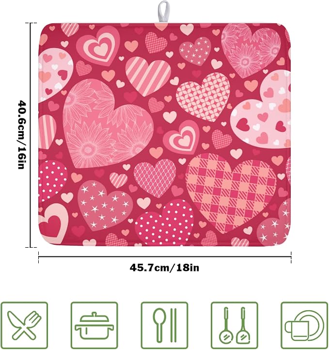 Valentine's Day Red Heart Dish Drying Mat 16x18 Inch | Polyester，Absorbent Microfiber，for Kitchen Coffee Dining Bar Decor