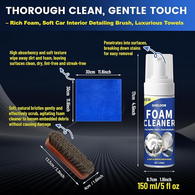 SHIELDOM Car Interior Foam Cleaner Multifunctional Car Seat Cleaner Powerful Carpet Upholstery Stain Remover Kit with Detailing Brush & Towel Safe for Cloth, Leather, Fabric, Vinyl & Plastic 5oz