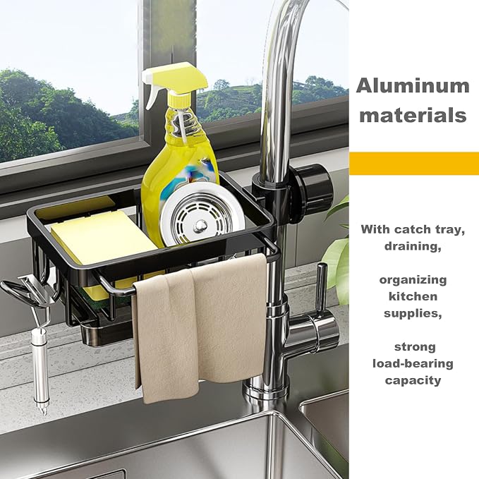 Sink Organizer Rack for Kitchen and Bathroom, 2025 New Stainless Steel Detachable Hanging Faucet Drain Rack with Drip Tray Faucet Sponge Holder for Bathroom, Scrubbers, Soap (Black, Left)