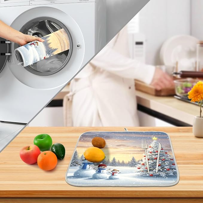 Christmas Tree and Snowman Dish Drying Mat for Kitchen Counter Absorbent Microfiber Small Winter Snowflakes Drying Pad Dish Mats for Kitchen Countertops 16 x 18 Inch