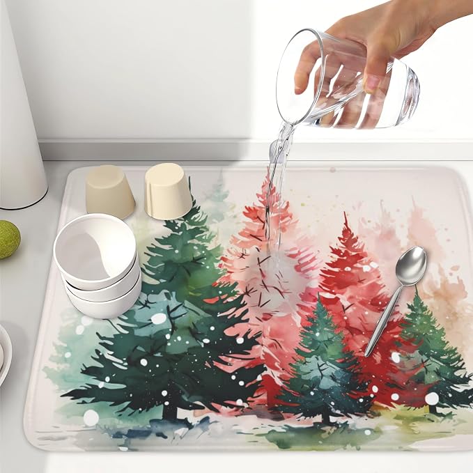Christmas Dish Drying Mat for Kitchen Counter Xmas Theme Red Green Watercolor Trees Dish Drainer Mat Rustic Farmhouse Winter Holiday Absorbent Washable Drying Pad 18"x24"