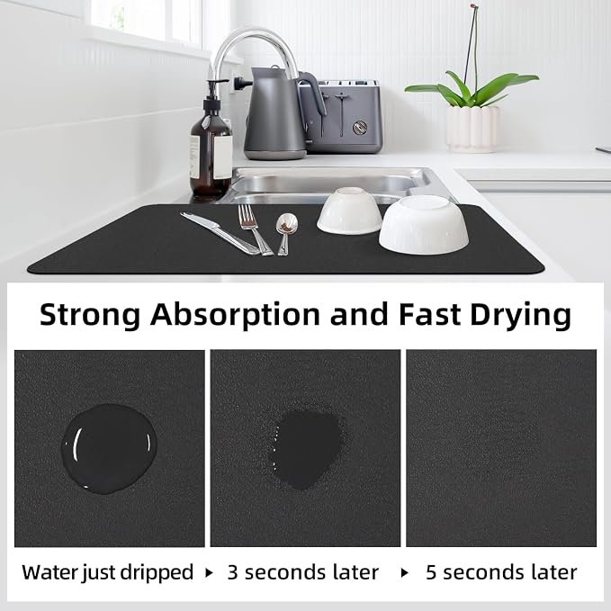 LOPNUR Kitchen Dish Drying Mat, 31.5"x17" Extra Large Dish Drying Mats for Kitchen Counter, Diatomite Coffee Mat Super Absorbent Dish Drying Pad, Heat Resistant Mat with Anti-slip Rubber Backed, Black