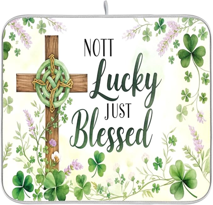 St.Patrick Days Dish Drying Mat for Kitchen Countertop 16x18 Green Shamrock Blessed Cross Small Drying Mat Reusable Quick Dry Dish Sink Mats Easy Clean Decorative Essentials
