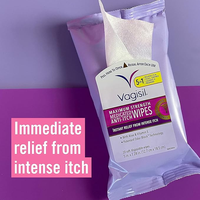 Vagisil Wipes, Anti-Itch Medicated Feminine Vaginal Wipes, Maximum Strength, Instant Relief, 20 Wipes (Pack of 1)