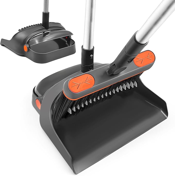 Broom with Dustpan Combo Set, 54'' Extendable Long Handle Broom, 180 Degree Rotating Brush Indoor Sweeping, Dustpan with Comb Teeth, Ideal for Home, Kitchen, Lobby, and Office