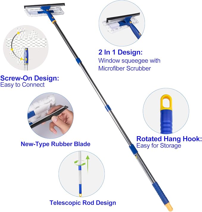 Squeegee for Window Cleaning with Extendable Pole, 53" 2-in-1 Window Cleaning Tool Kit, Shower Squeegee with Long Handle, Indoor/Outdoor High Window Cleaning-Two Pads