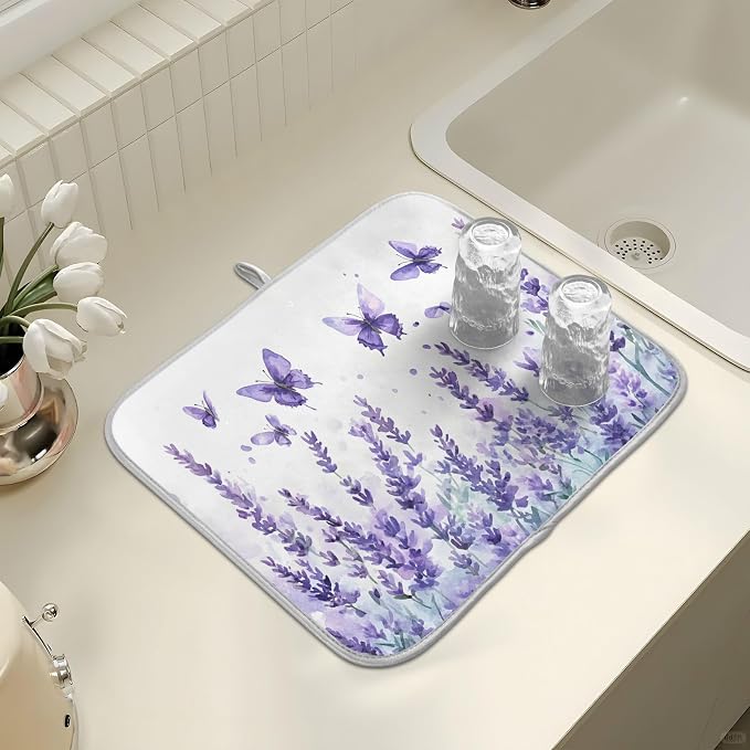 Purple Lavender Spring Summer Flower Floral Dish Drying Mat for Kitchen Counter Absorbent Microfiber Large Drying Pad Dish Mats for Kitchen Countertops 18 x 24 Inch