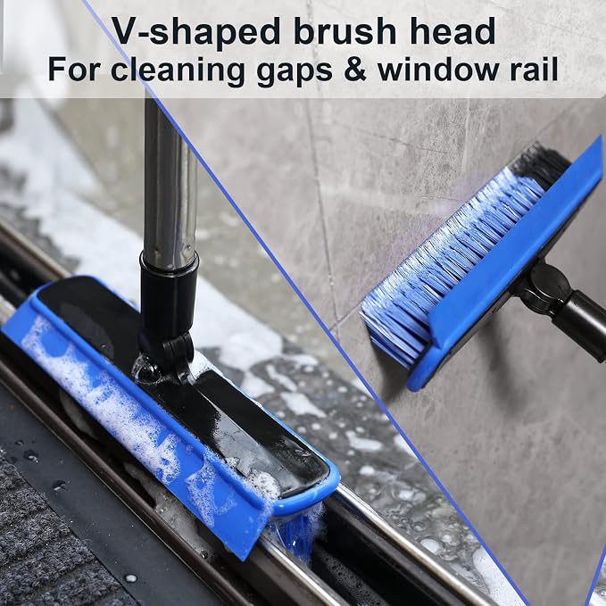 Grout Cleaner Brush with Long Handle, V-Shaped Floor Scrub Brush Swivel Grout Brush Stiff Bristle Floor Grout Scrubber for Bathroom, Tile Line, Crevice, Kitchen, Wall, Deck, Garage (Blue)