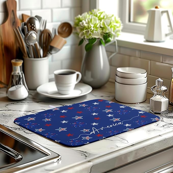 4th of July Dish Drying Mat America Stars Fireworks Blue Drying Mat 16x18 Inch Patriotic Memorial Independence Day Microfiber Absorbent Dish Drainer Rack Mats for Kitchen Counter