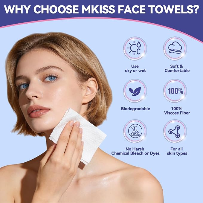 Large Disposable Face Towels 200 Count, 10"×12" Ultra Thick Premium Biodegradable Facial Towels, Makeup Remover Dry Wipes, Soft Face Towelettes for Sensitive Skin, Skincare and Women Cleaning