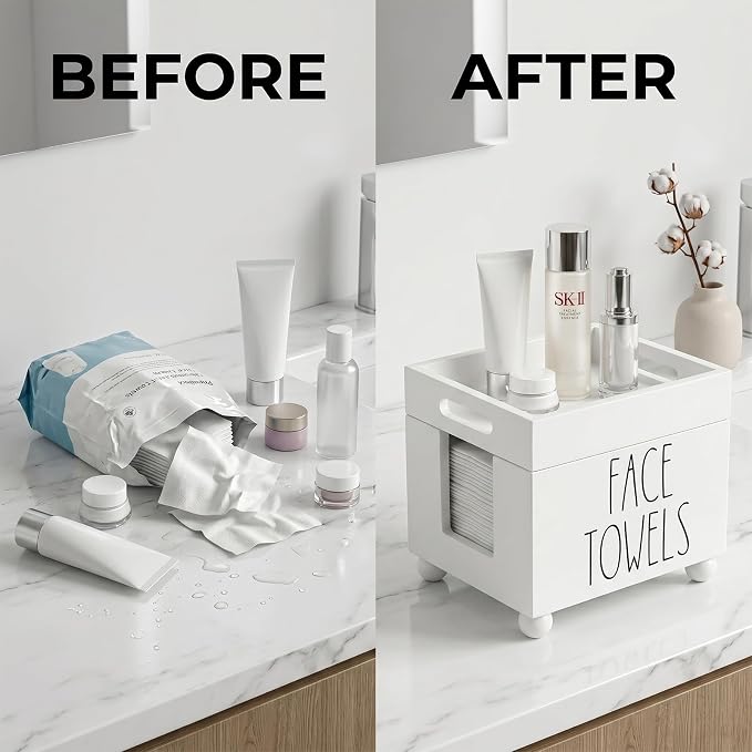 Disposable Face Towel Holder, Wooden Facial Towels Dispenser, Clean Towel XL Box for Bathroom Countertop, Open-Top Cleansing Wipes Organizer for Vanity, Rustic Skincare Storage (White)