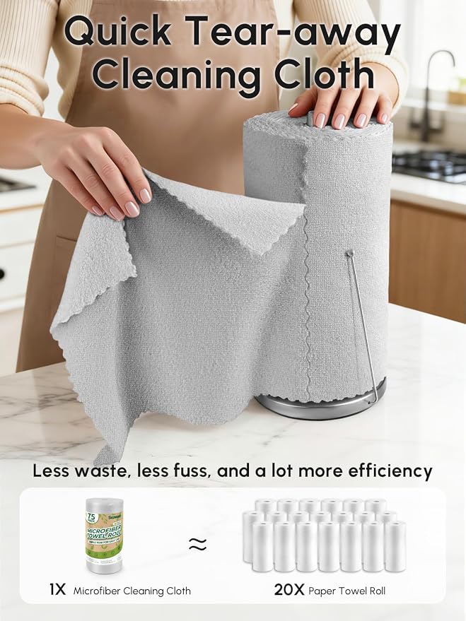 Microfiber Cleaning Cloths Roll, 225 Pack Tear Away Microfiber Towels Roll, 12" x 12" Lint Free Rags, Reusable Cleaning Cloths, Washable, Scratch Free,Ultra Absorbent Dish Rags(Grey)