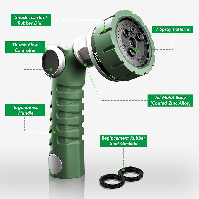 RESTMO Heavy Duty Hose Nozzle, Metal Garden Water Hose Sprayer | 7 Watering Patterns, Thumb Control, On Off Valve, Leak Proof Nozzle Sprayer for Watering Plants, Car & Pet Washing, Green