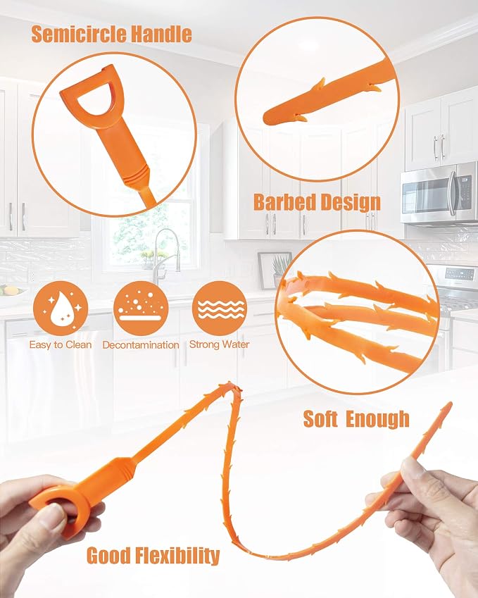 Hair Drain Clog Remover Tool – 6 × 25-Inch Sink Snake + 1 × 24-Inch Drain Cleaner Tool, Plumbing Snake for Shower, Toilet, Kitchen Sink & Tub – 7-Piece Hair Removal Tool Set