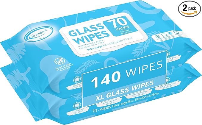 Air Jungles Glass & Window Cleaner Wipes 70 Count (Pack of 2), XL 8x10 Inch | Ammonia-Free, Streak-Free, Safe For Car Windshield, Headlight, Mirror, Tile & Home Glass, Removes Fingerprints, Dust, Dirt