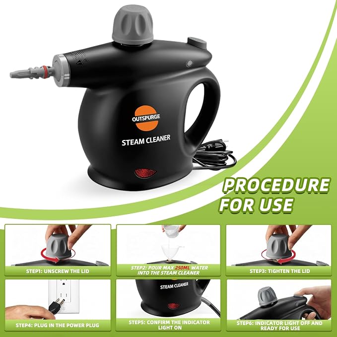 Handheld Steam Cleaner, Pressurized Multi-Surface Steam Shot with 13 Accessories, Safety Lock, Steamer for Cleaning Floor, Upholstery, Grout, Windows, Couch and Car (Black)