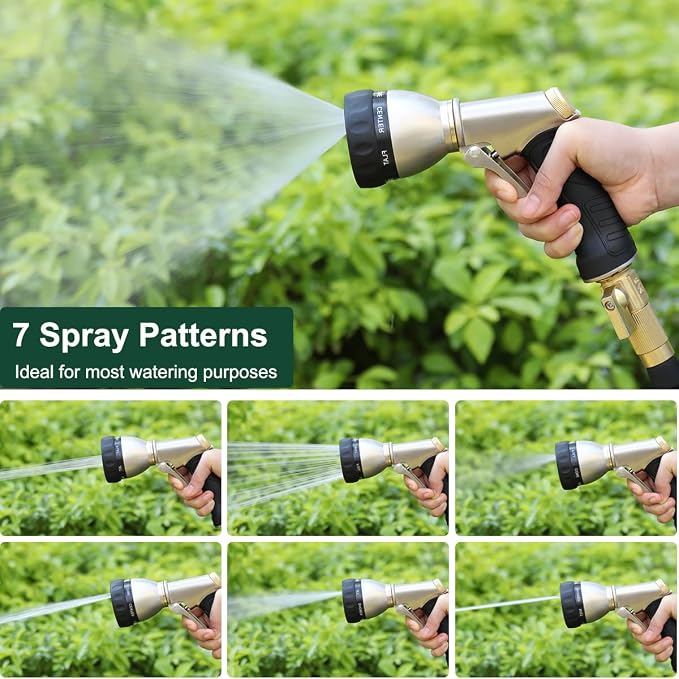 FANHAO Garden Hose Nozzle Heavy Duty, Metal Water Hose Sprayer, Leakproof | 7 Adjustable Spray Patterns, Rustproof Zinc Alloy, Hands-Free Lock, Ergonomic Grip Water Nozzle for Lawn, Plant, Car & Pet