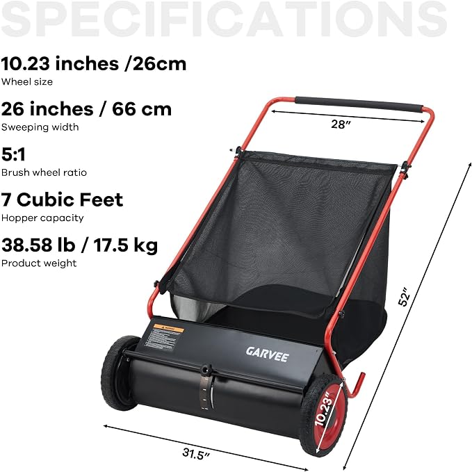 26-Inch Push Lawn Sweeper, Heavy Duty Leaf Sweeper with 4 Brushes & 7Cu.ft Bag, Adjustable Height Steel Frame Leaf,Manual Yard Sweeper for Collector for Yard, Lawn, Garden, Patio