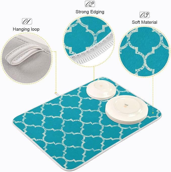 Super Absorbent Dish Drying Mat, Microfiber Fast-Drying Dish Mat, 24" x 18", Kitchen Dish Drying Pad, Beautiful Grunge White Morrocan Trellis