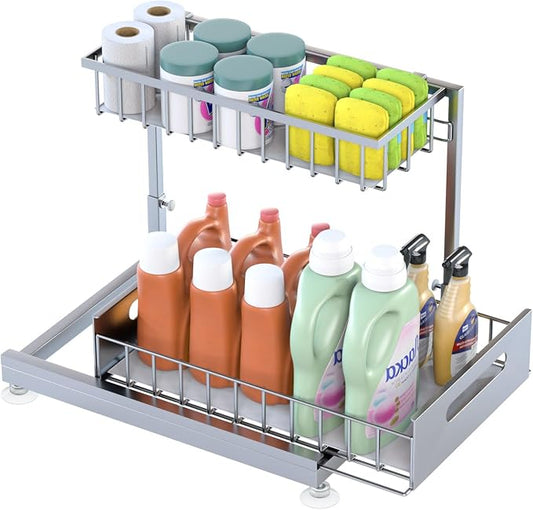 Saydear L-Shaped Under Sink Organizer, 2-Tier Pull-out Cabinet Rack 1-Pack | Grey Height-Adjustable Steel Rack, Sliding Grid Drawers with PP Liners, Holds 100 Lbs, Suction Base, Ideal Kitchen Storage
